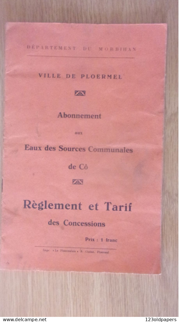 PLOERMEL MORBIHAN ABONNEMENT EAUX SOURCES  COMMUNALES DE CO  REGLEMENT TARIF 1934 - Non Classificati