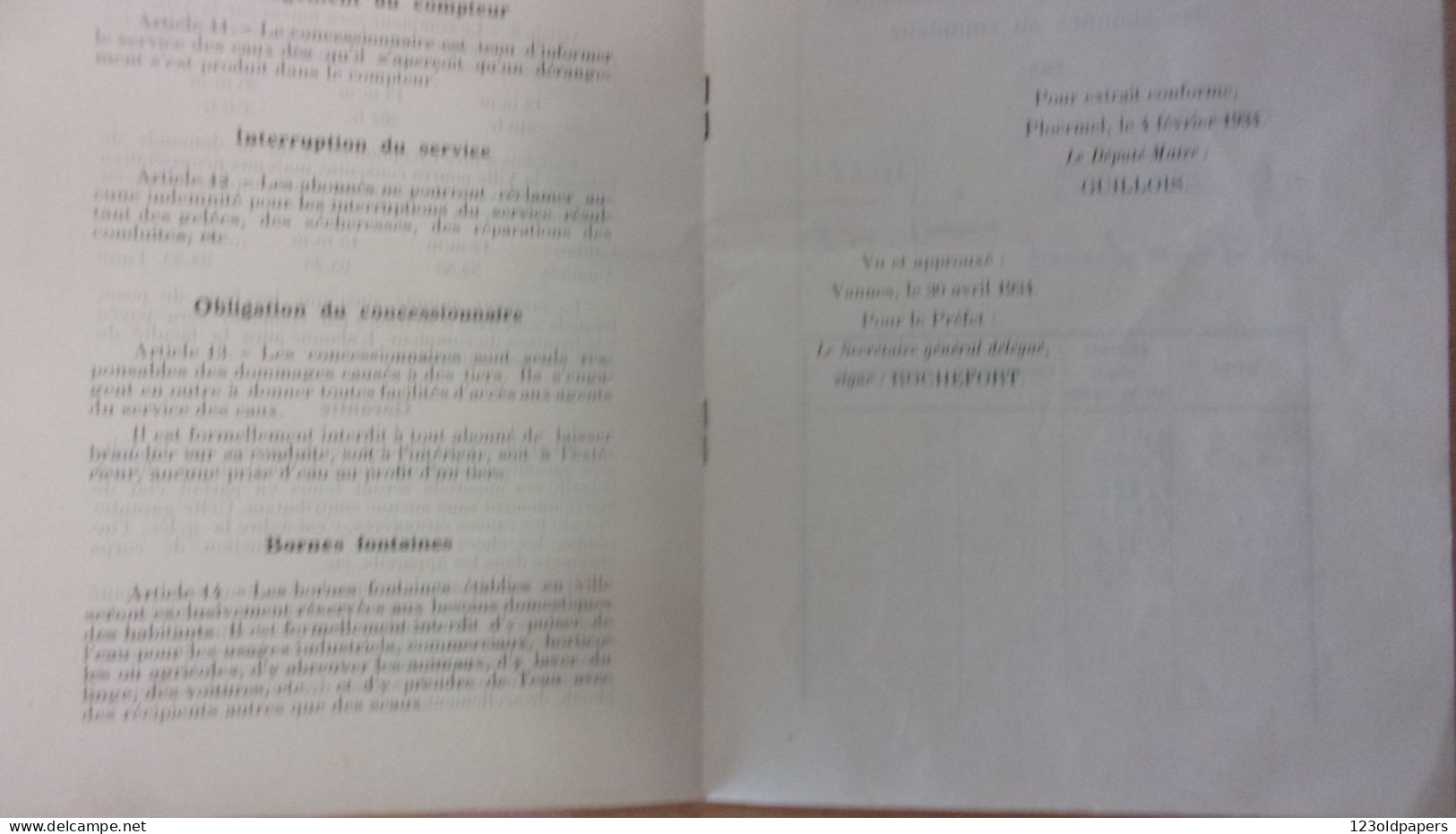 PLOERMEL MORBIHAN ABONNEMENT EAUX SOURCES  COMMUNALES DE CO  REGLEMENT TARIF 1934 - Non Classés