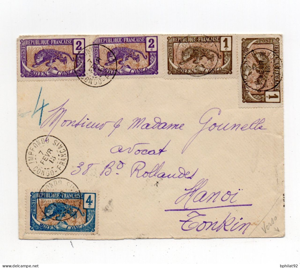 !!! CACHET IMPFONDO - CONGO FRANCAIS DE 1913 SUR LETTRE POUR HANOI, AFFRANCH RECTO VERSO - Briefe U. Dokumente