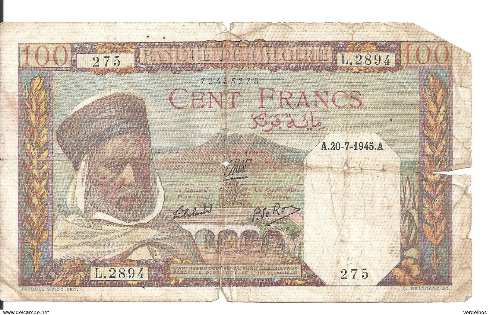 ALGERIE 100 FRANCS 1945 G P 88 - Algérie