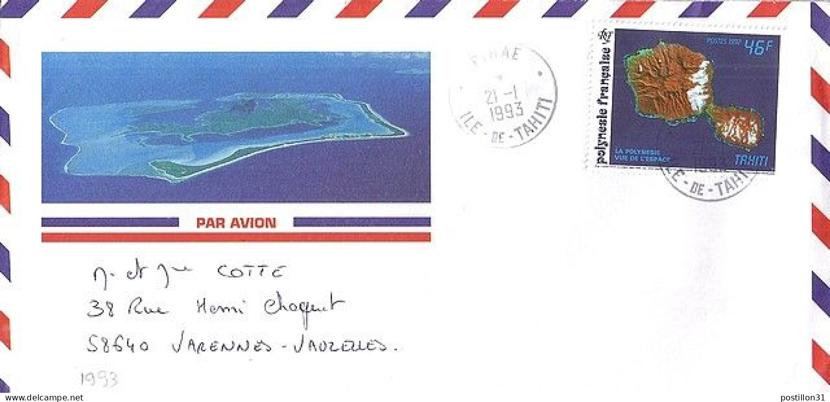 POLYNESIE N° 405 S/L. DE PIRAE / 21.1.93 POUR LA FRANCE - Briefe U. Dokumente