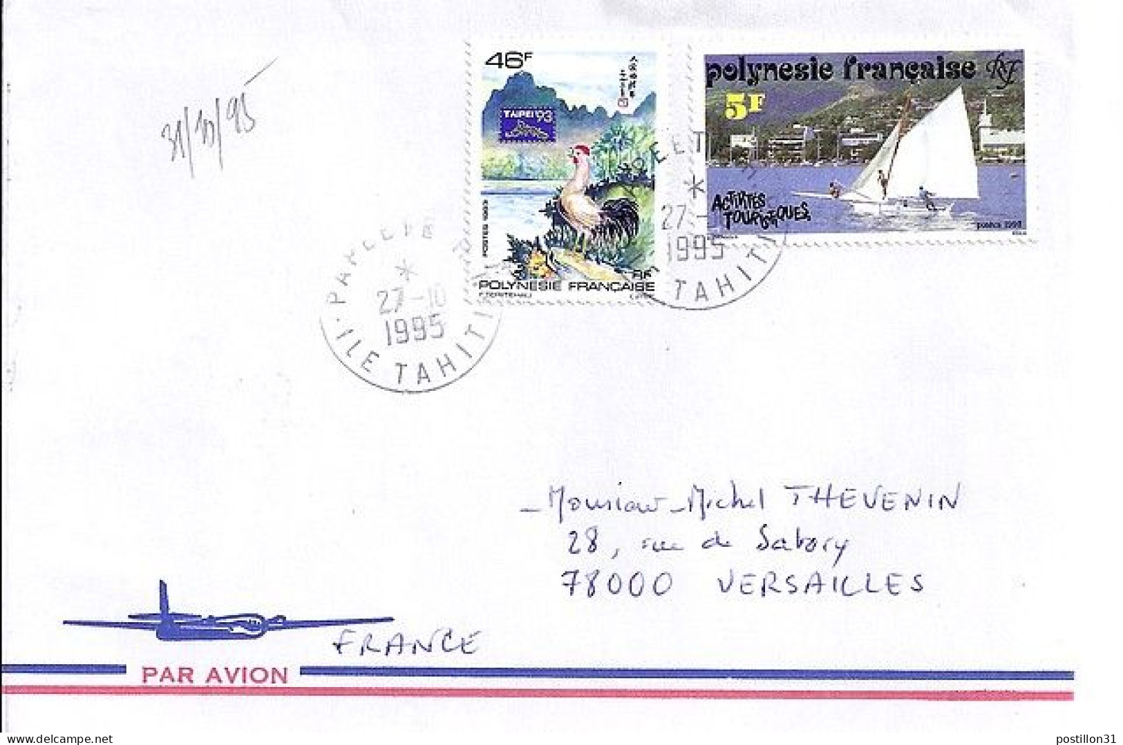 POLYNESIE N° 439/403 S/L. DE PAPEETE / 27.10.95 POUR LA FRANCE - Storia Postale