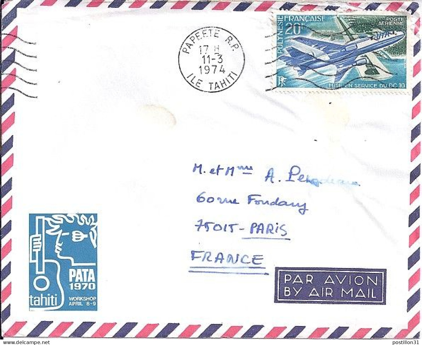 POLYNESIE N° PA74 S/L. DE PAPEETE/11.3.74 POUR LA FRANCE - Briefe U. Dokumente