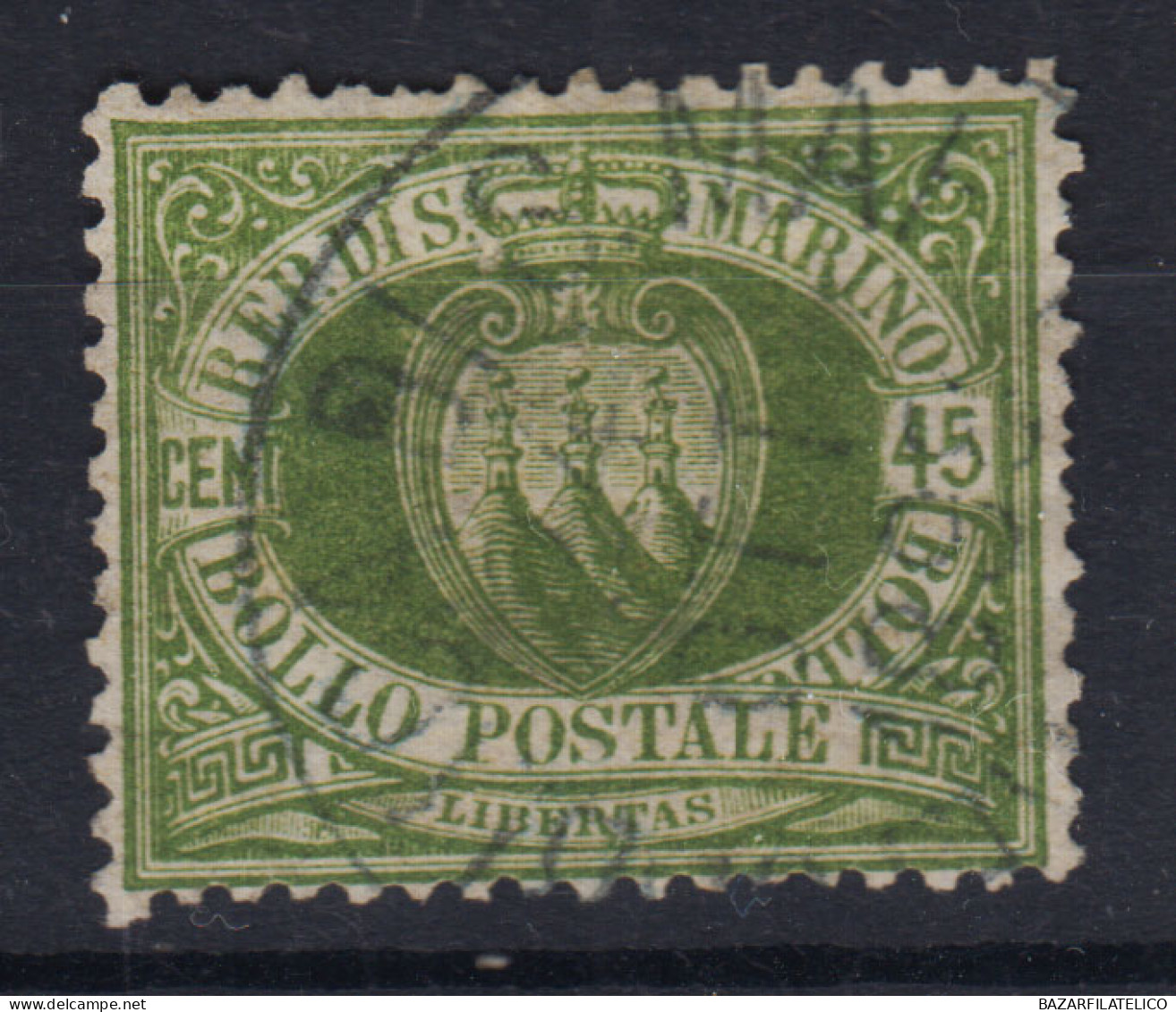 SAN MARINO 1892-94 STEMMA 45 CENTESIMI N.18 US. BEN CENTRATO - Used Stamps