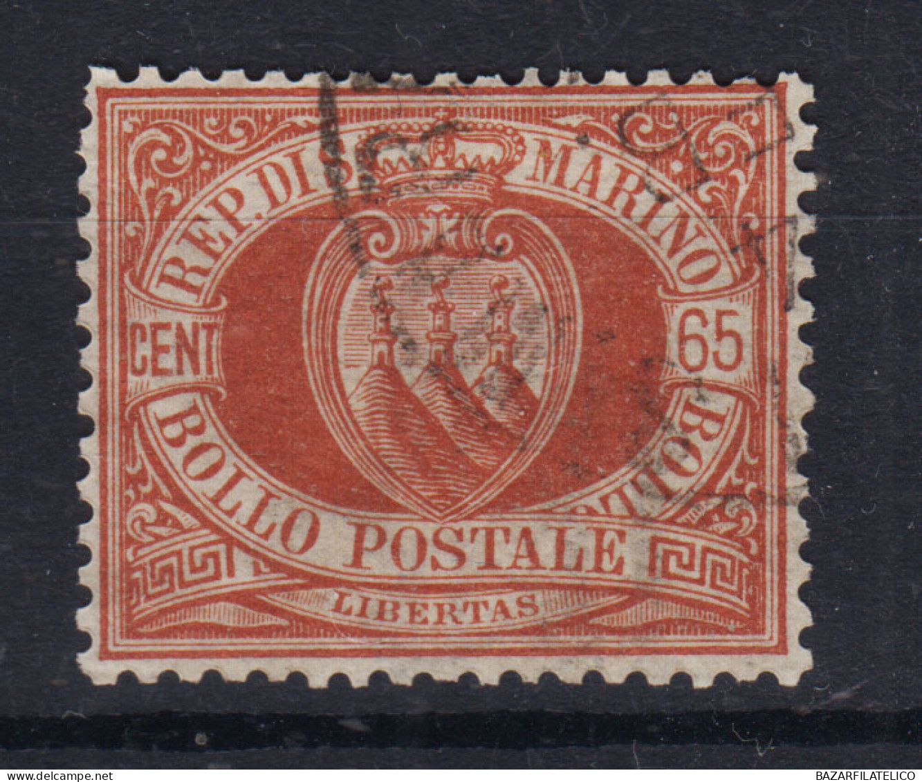 SAN MARINO 1892-94 STEMMA 65 CENTESIMI N.19 US. CENTRATO - Usati