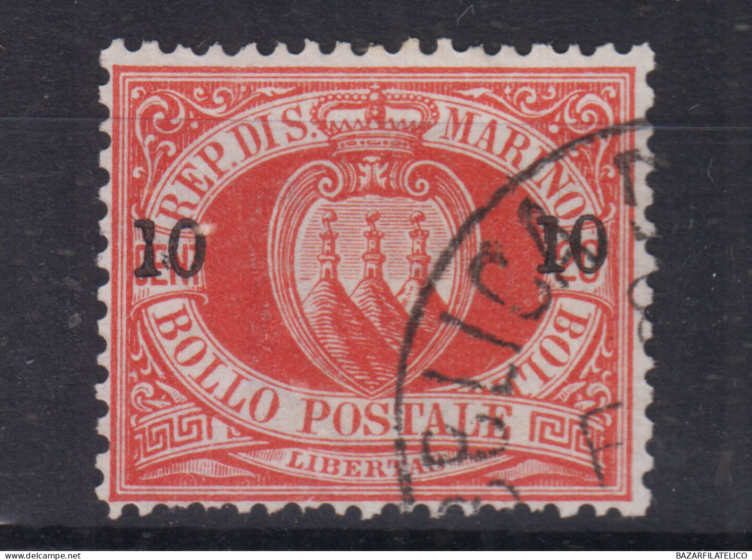 SAN MARINO 1892 STEMMA SOPRASTAMPATO 10 C. SU 20 C. N.11 US. CENTRATO - Usados