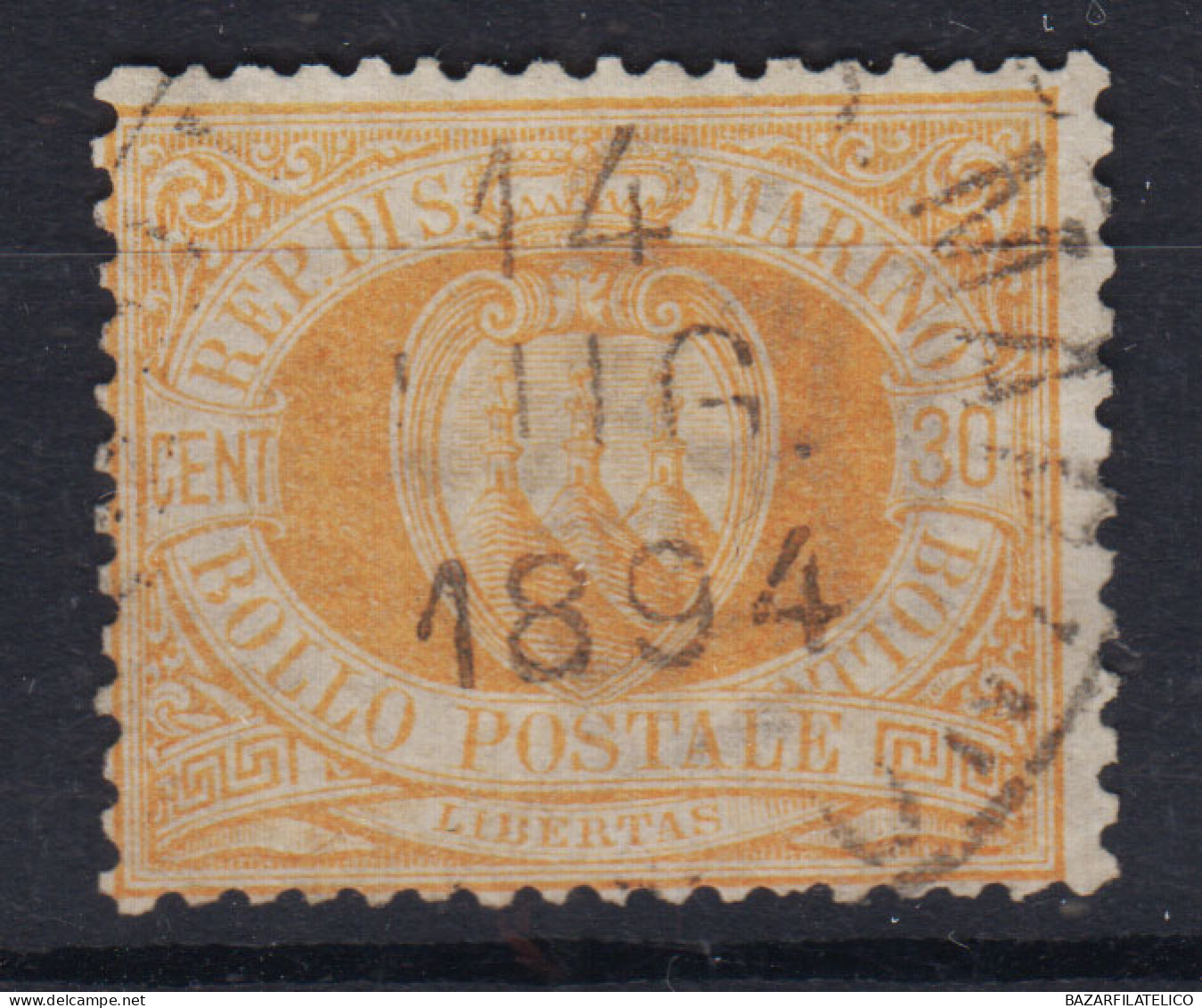 SAN MARINO 1892-94 STEMMA 30 CENTESIMI N.16 US. BUONA CENTRATURA - Gebraucht