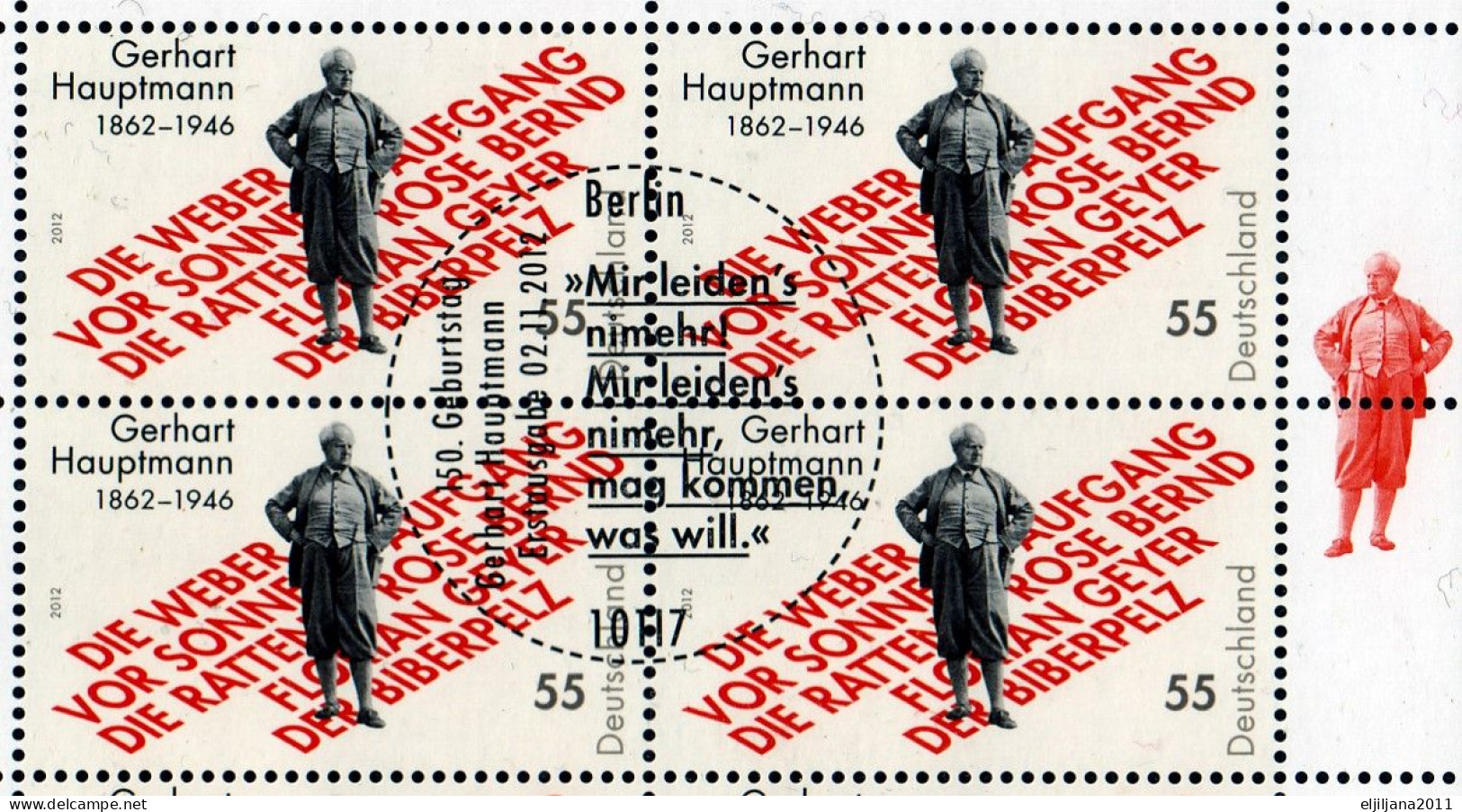 Action !! SALE !! 50 % OFF ⁕ Germany 2012 ⁕ Berlin 150th Birth Anv. Of Gerhart Hauptmann Mi. 2963 ⁕ FDC Used Block Of 10 - Gebraucht