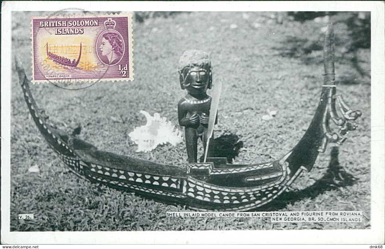 SOLOMON ISLANDS - SHELL INLAIID MODEL CANOE FROM SAN CRISTOVAL AND FIGURE FROM ROVIANA - MAXIMUM CARD - 1950s (16640) - Salomon