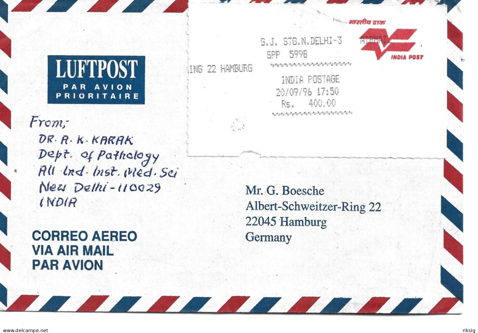 Imdia - Airmailcover Sent To Germany.  H-745 - Luftpost