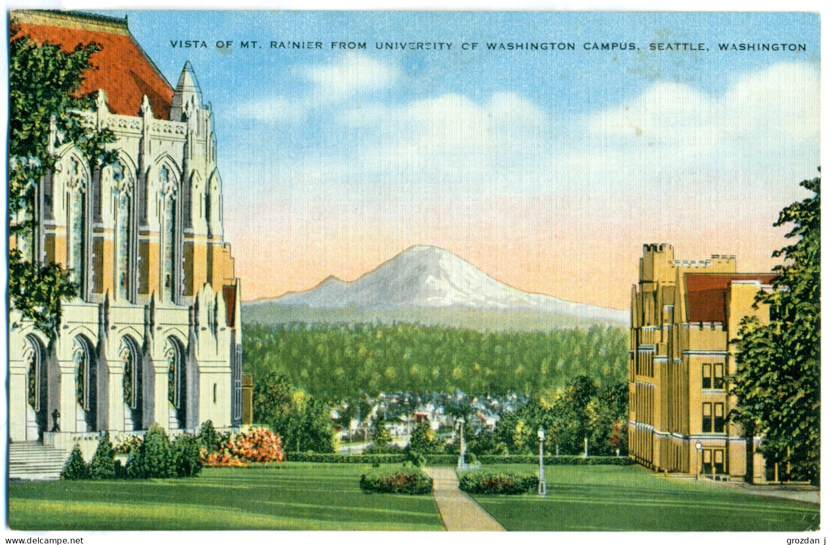Linen Postcard, Vista Of Mt. Rainier From University Of Washington Campus, Seattle, Washington, US - Seattle