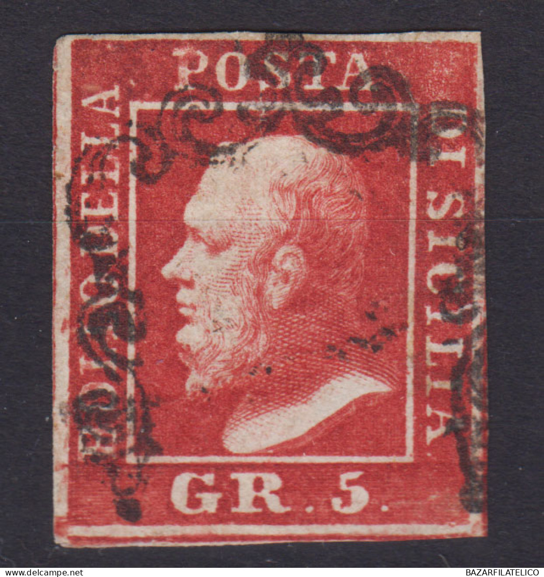 SICILIA 1859 5 GRANA CARMINIO SCURO N.9b USATO CERT. COLLA MOLTO FRESCO SPL - Sizilien