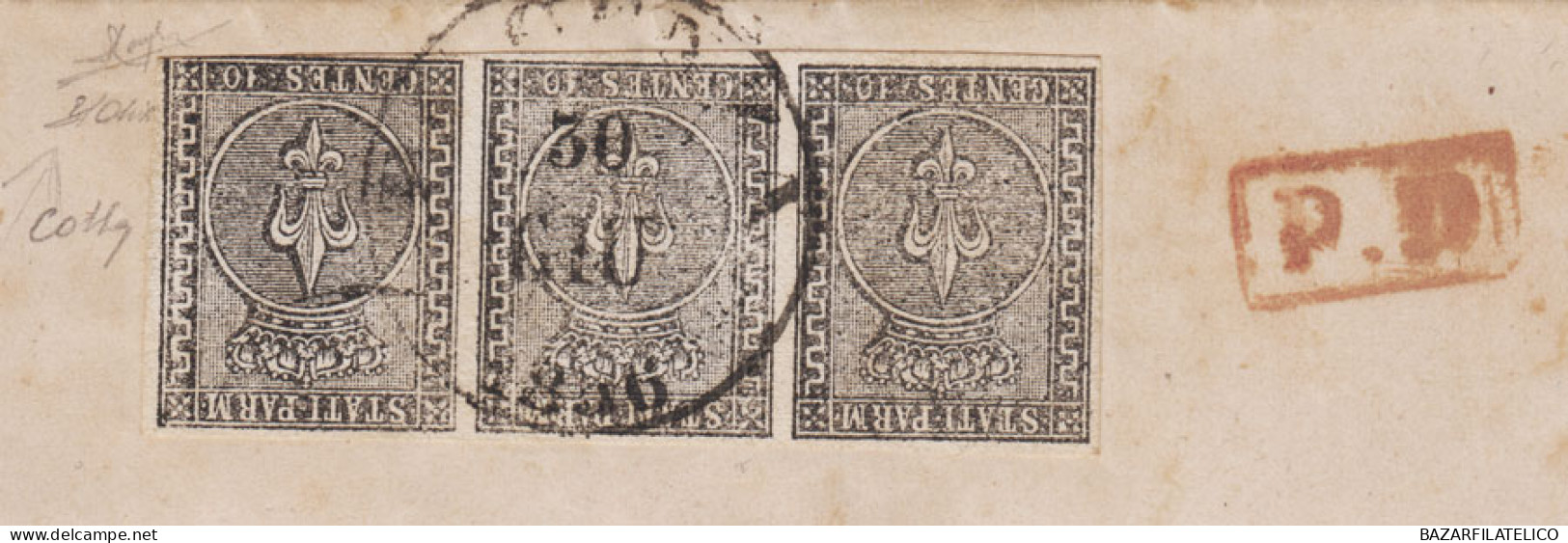 PARMA 1852 STRISCIA 10 CENTESIMI BIANCO N.2 USATA SU BUSTA CERT. COLLA - Parme