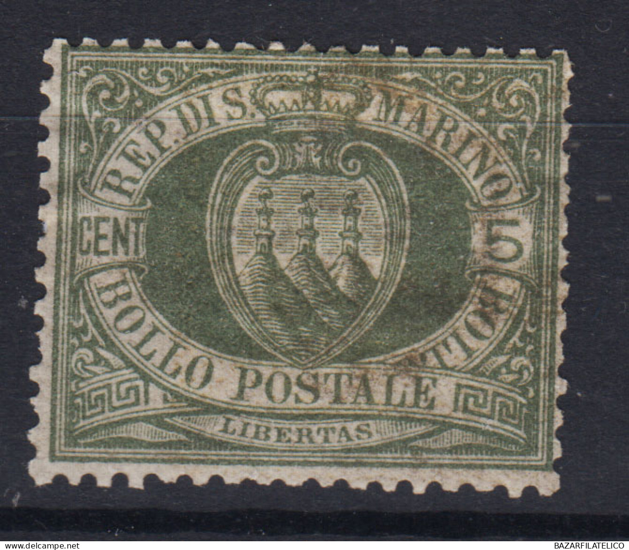 SAN MARINO 1892-94 STEMMA 5 CENTESIMI N.13 G.O MH* BEN CENTRATO - Unused Stamps