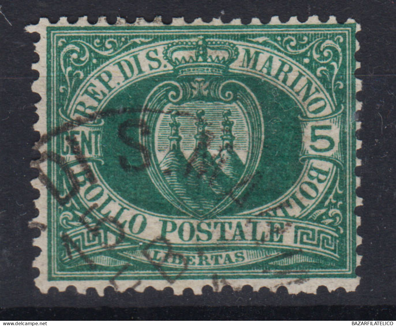 SAN MARINO 1894-99 STEMMA 5 CENTESIMI N.27 US. BEN CENTRATO - Used Stamps