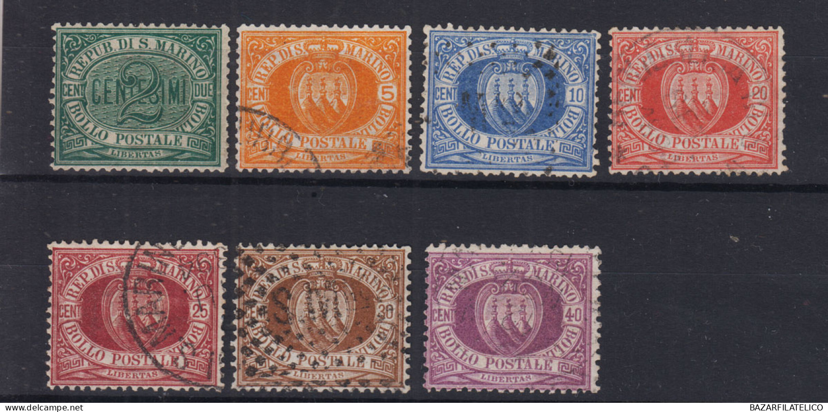 SAN MARINO 1877-90 SERIE COMPLETA 7 VALORI USATI 5 CENTESIMI G.O MH* CENTRATI - Oblitérés