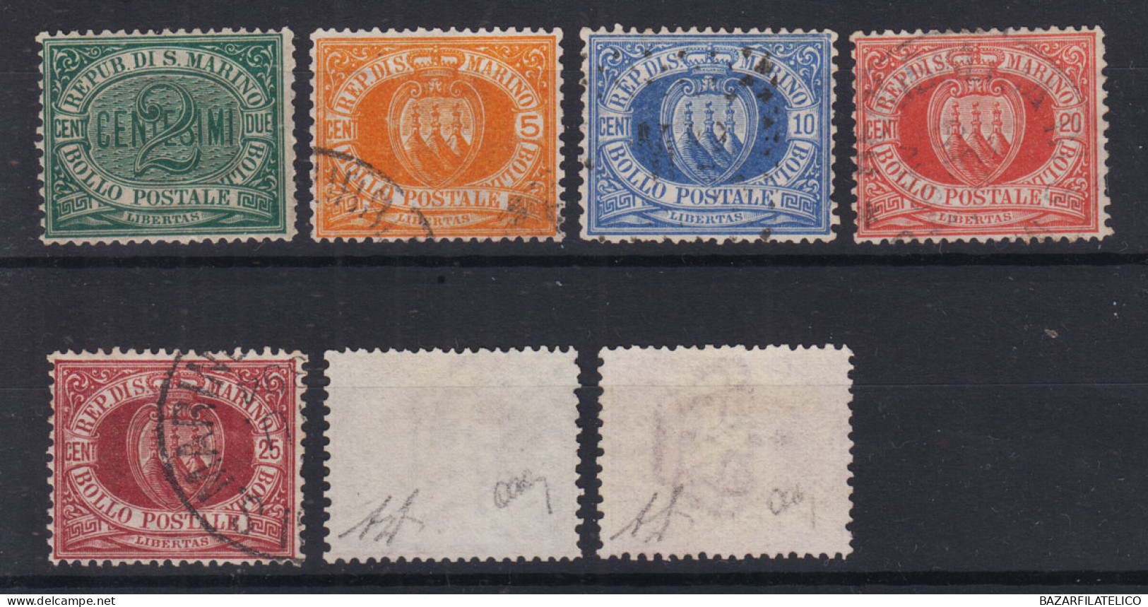 SAN MARINO 1877-90 SERIE COMPLETA 7 VALORI USATI 5 CENTESIMI G.O MH* CENTRATI - Usados