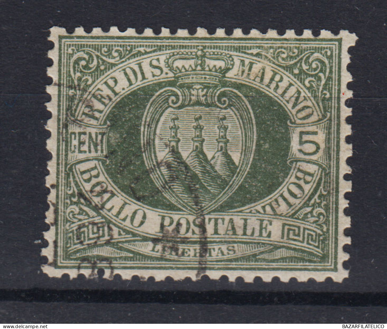 SAN MARINO 1892-94 STEMMA 5 CENTESIMI N.13 US. BEN CENTRATO - Used Stamps