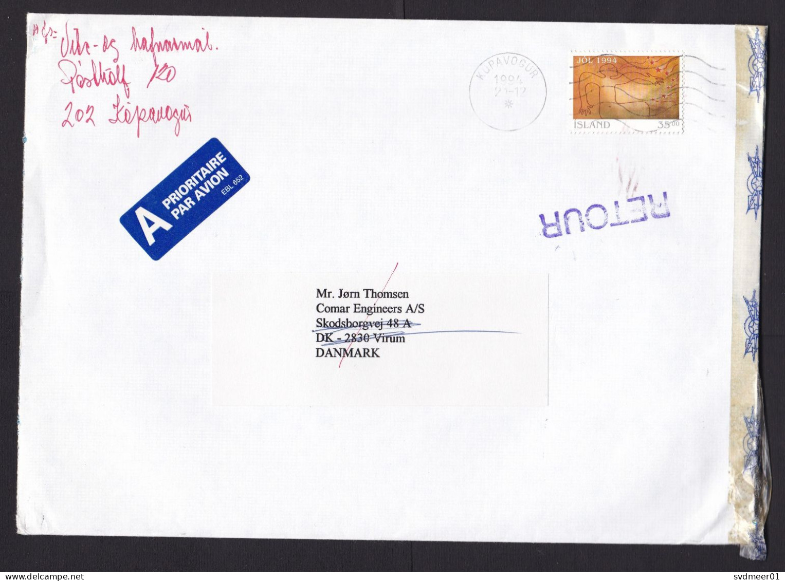 Iceland: Airmail Cover To Denmark, 1994, 1 Stamp, Returned, Retour Label, Postal Tape, Opened For Address (minor Damage) - Storia Postale