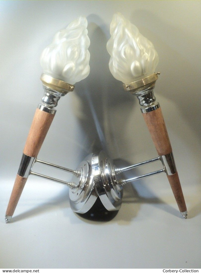 Paire D'Appliques Torchères Bois Verre Métal Chrome Masse Fourmaintraux Design Vintage Déco Coursive Bateau Péniche - Leuchten & Kronleuchter