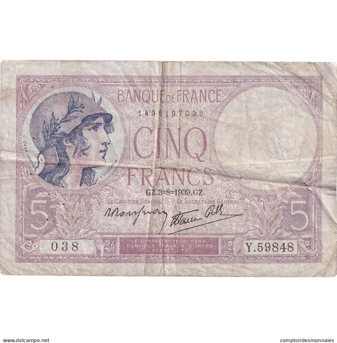 France, 5 Francs, Violet, 1939, Y.59848, B, Fayette:04.4, KM:83 - 5 F 1917-1940 ''Violet''