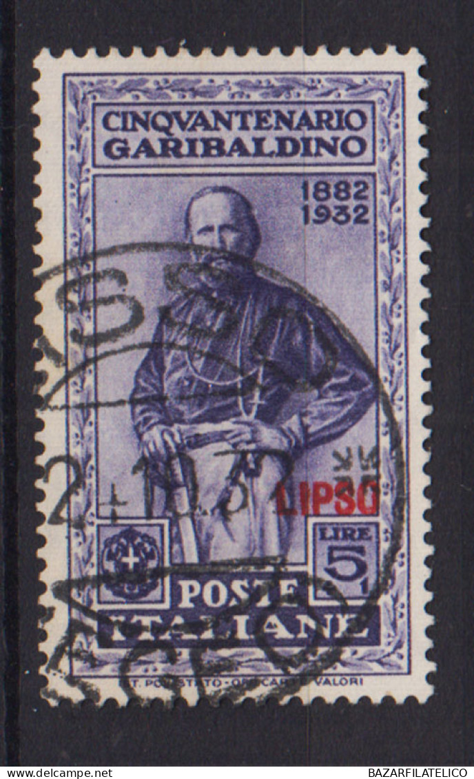 COLONIE EGEO LIPSO 1932 GARIBALDI 5 LIRE + 1 LIRA N.26 USATO - Egée (Lipso)