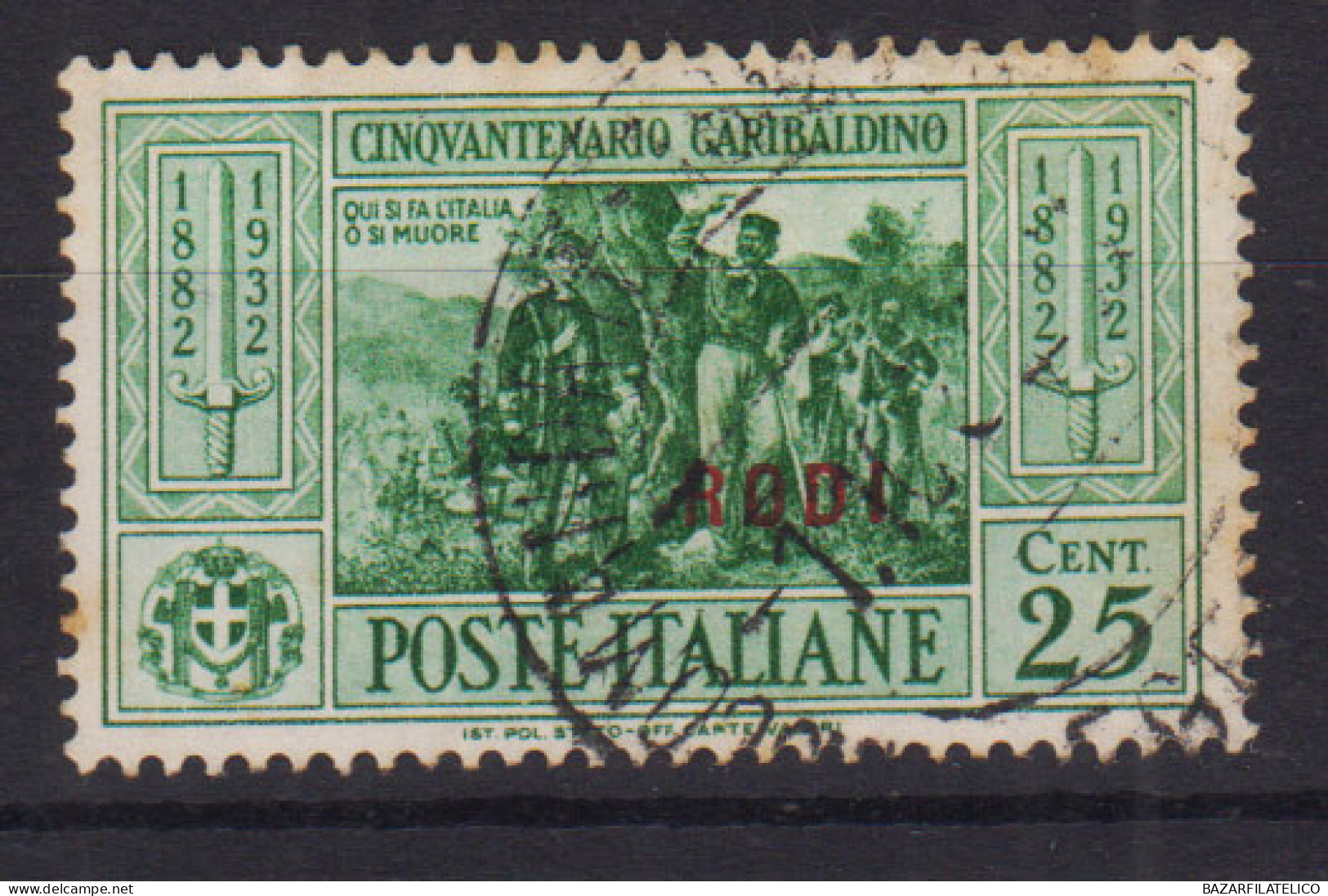 COLONIE EGEO RODI 1932 GARIBALDI 25 CENTESIMI N.22 USATO - Egée (Rodi)