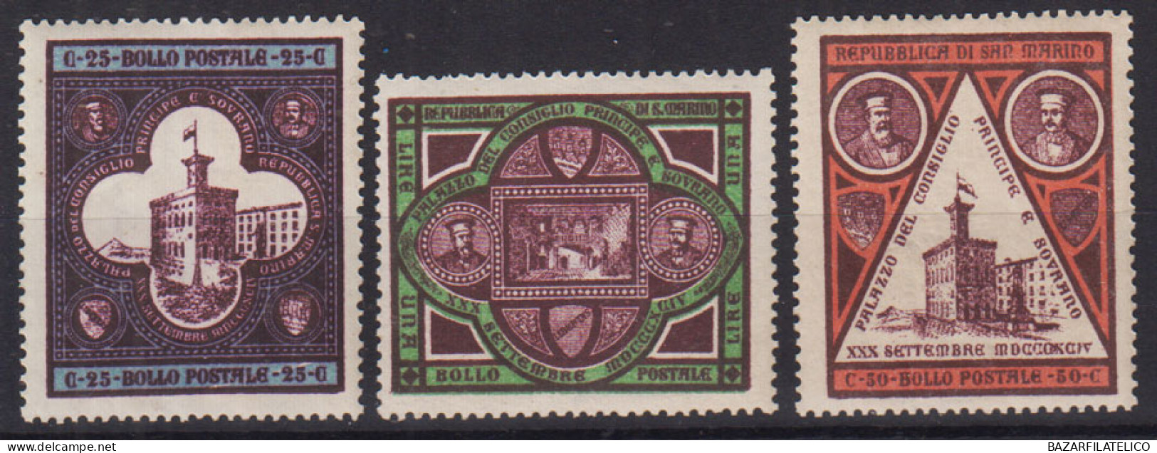 SAN MARINO 1894 PALAZZO DEL GOVERNO 3 V. G.I MNH** BEN CENTRATI CERT. - Unused Stamps