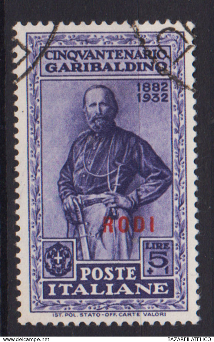 COLONIE EGEO RODI 1932 GARIBALDI 5 LIRE + 1 LIRA N.29 USATO - Aegean (Rodi)