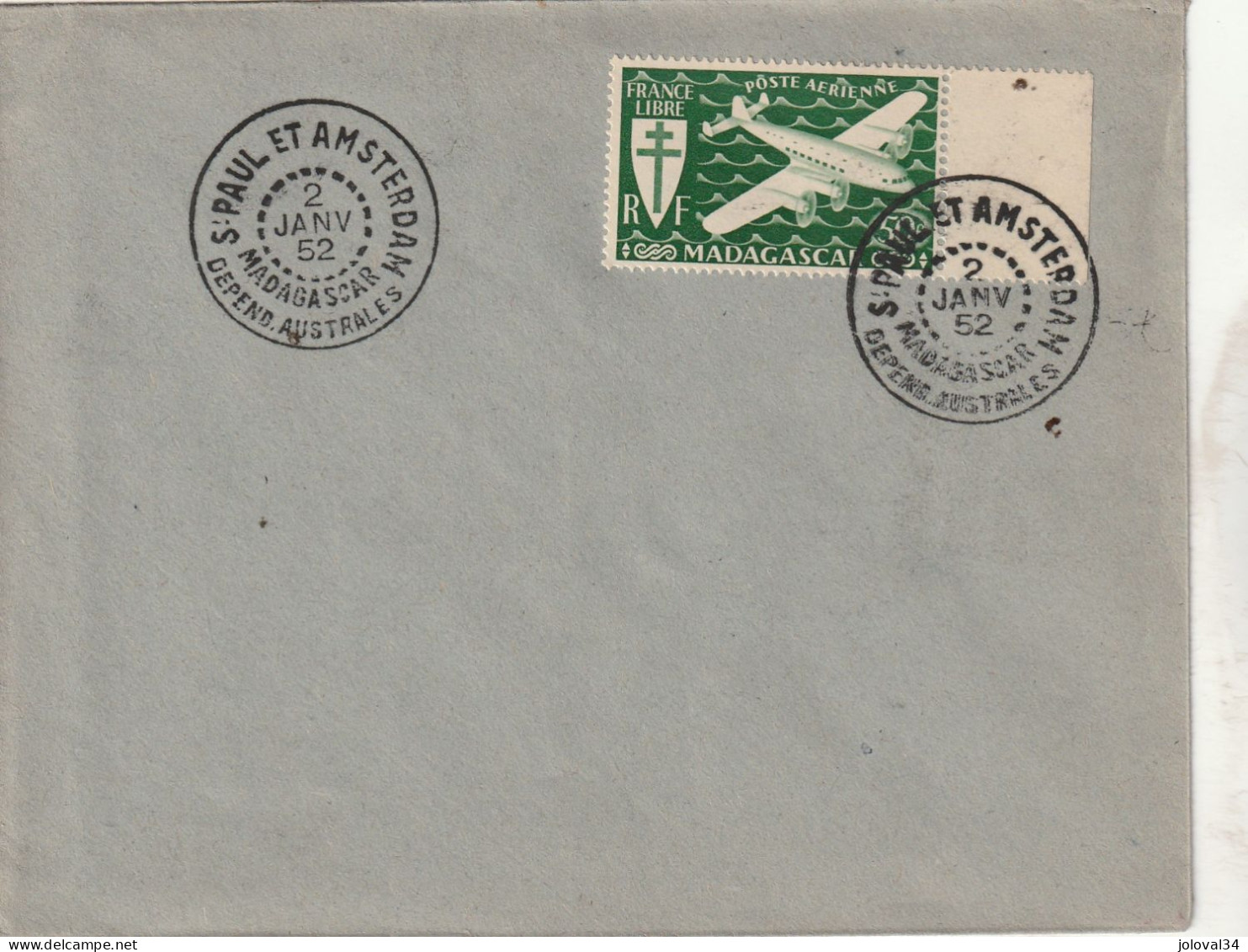 Terres Australes Enveloppe Timbre Madagascar Poste Aérienne Cachet S Paul Et Amsterdam 2/1/1952 - ...-1955 Vorphilatelie