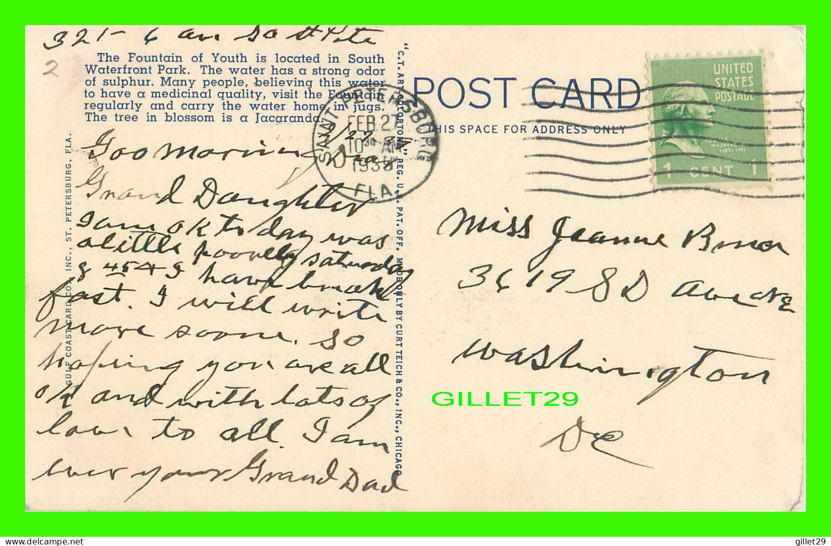 ST PETERSBURG, FL - FOUNTAIN OF YOUTH -  TRAVEL IN 1938 -  GULF COAST CARD CO - - St Petersburg