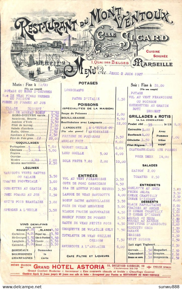 Marseille - Menu 1927 Restaurant Du Mont Ventoux (superbe Illustration) - Grand Hotel Astoria - Menu