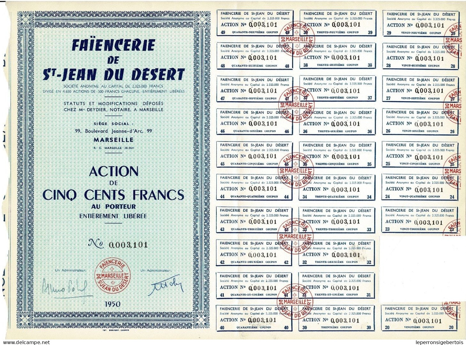 Titre De 1950 - Faïencerie De St-Jean Du Désert - - Industrie