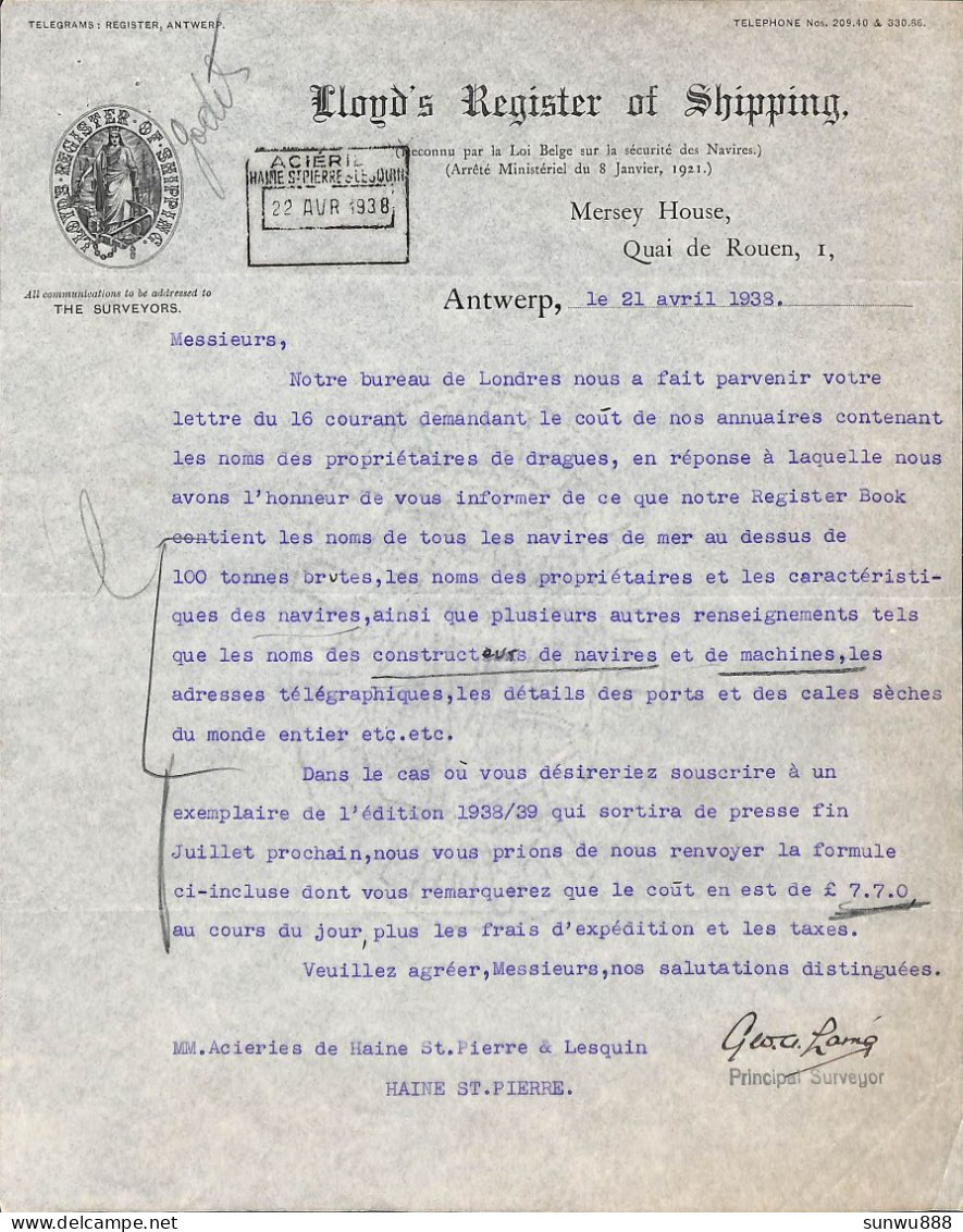 Antwerp - Lloyd's Register Of Shipping 1938 Pour Acieries De Haine St Pierre - 1900 – 1949