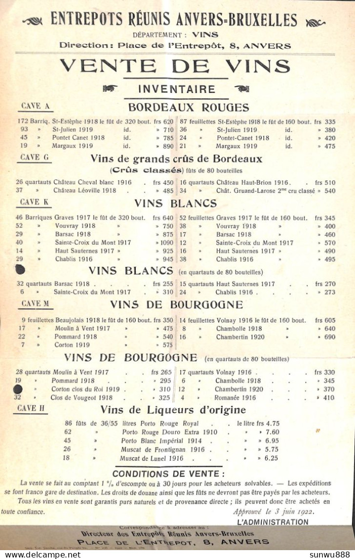 Anvers - Envoi Entrepôts Réunis Vins Grands Crûs Liste De Prix Pour Virton, 1922 - 1900 – 1949