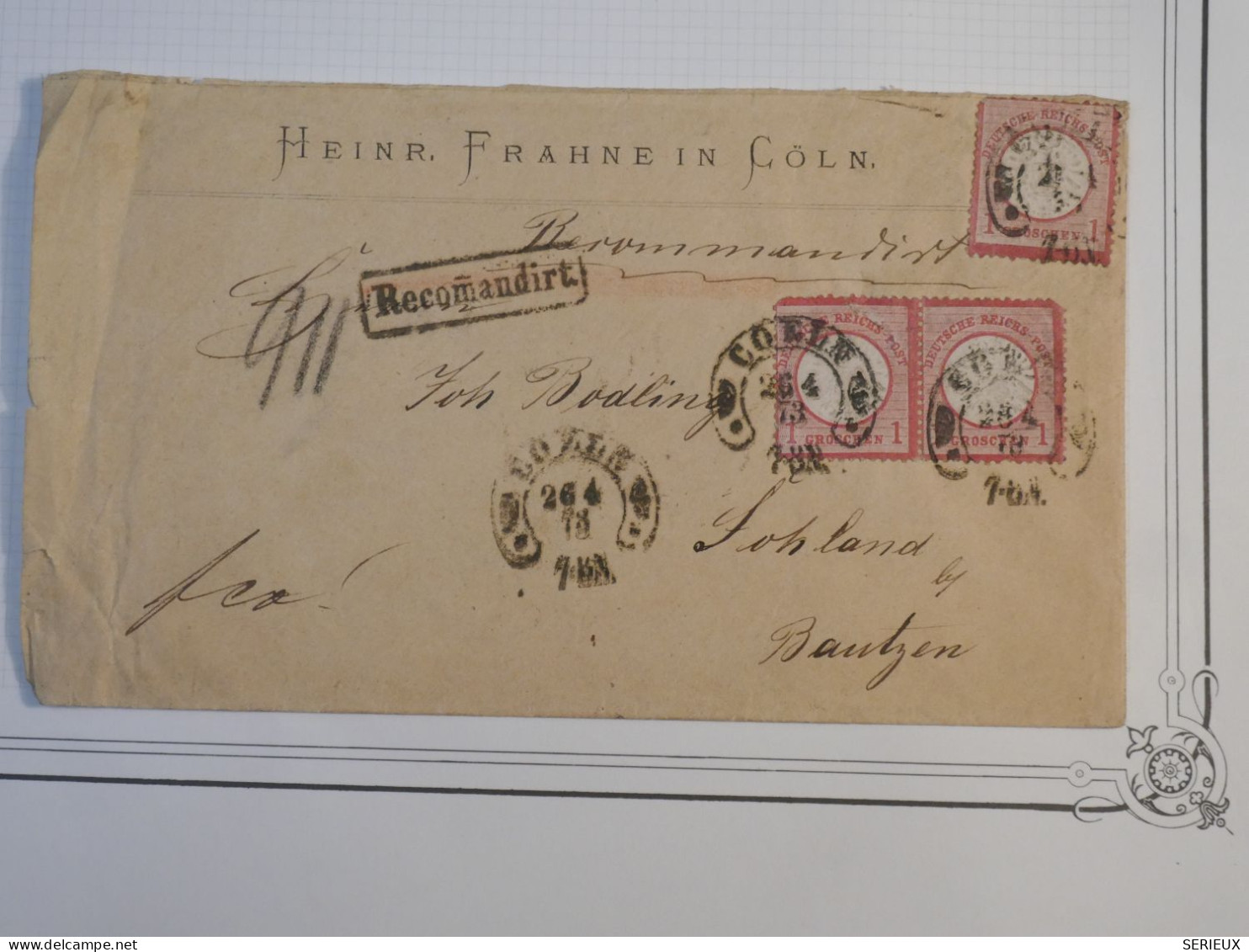 DC19  ALLEMAGNE  BELLE  LETTRE RECOM.   RARE PRIVEE  1873  COLN A SOHLAND  + + AFF. FER A CHEVAL INTERESSANT+++ - Lettres & Documents