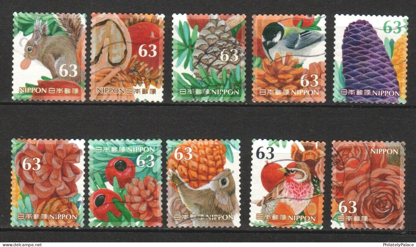 JAPAN 2019 AUTUMN GREETINGS LEAVES & FRUITS,SQUIRREL,BIRD,ANIMAL, 63 YEN COMP. SET OF 10 STAMPS USED (**) - Gebruikt