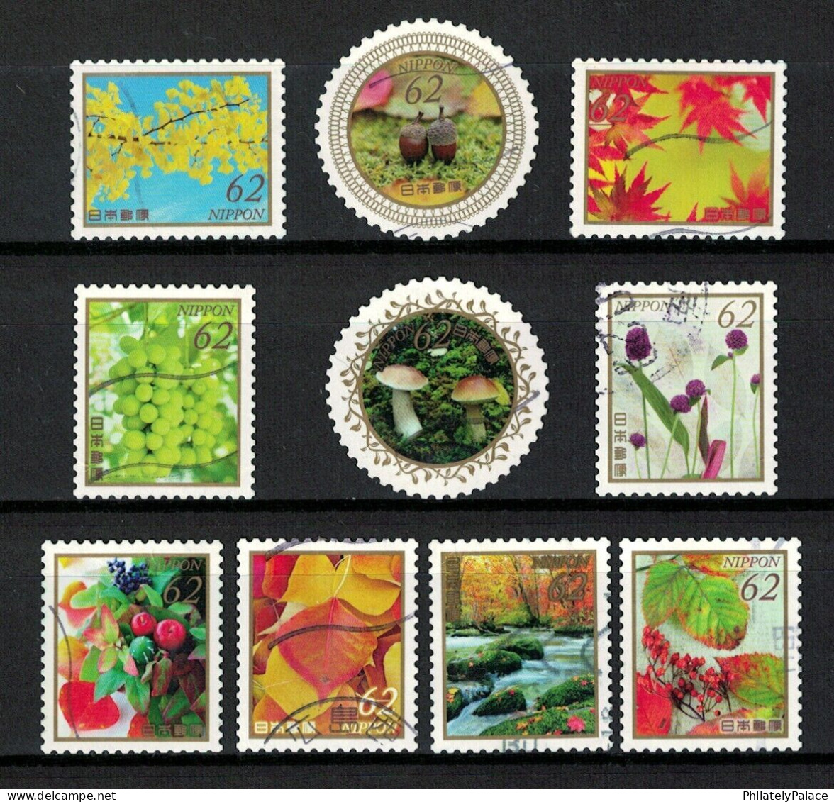 JAPAN 2018 AUTUMN GREETINGS FLOWERS & FRUITS , MUSHROOM, 62 YEN COMP. SET OF 10 STAMPS USED (**) - Used Stamps