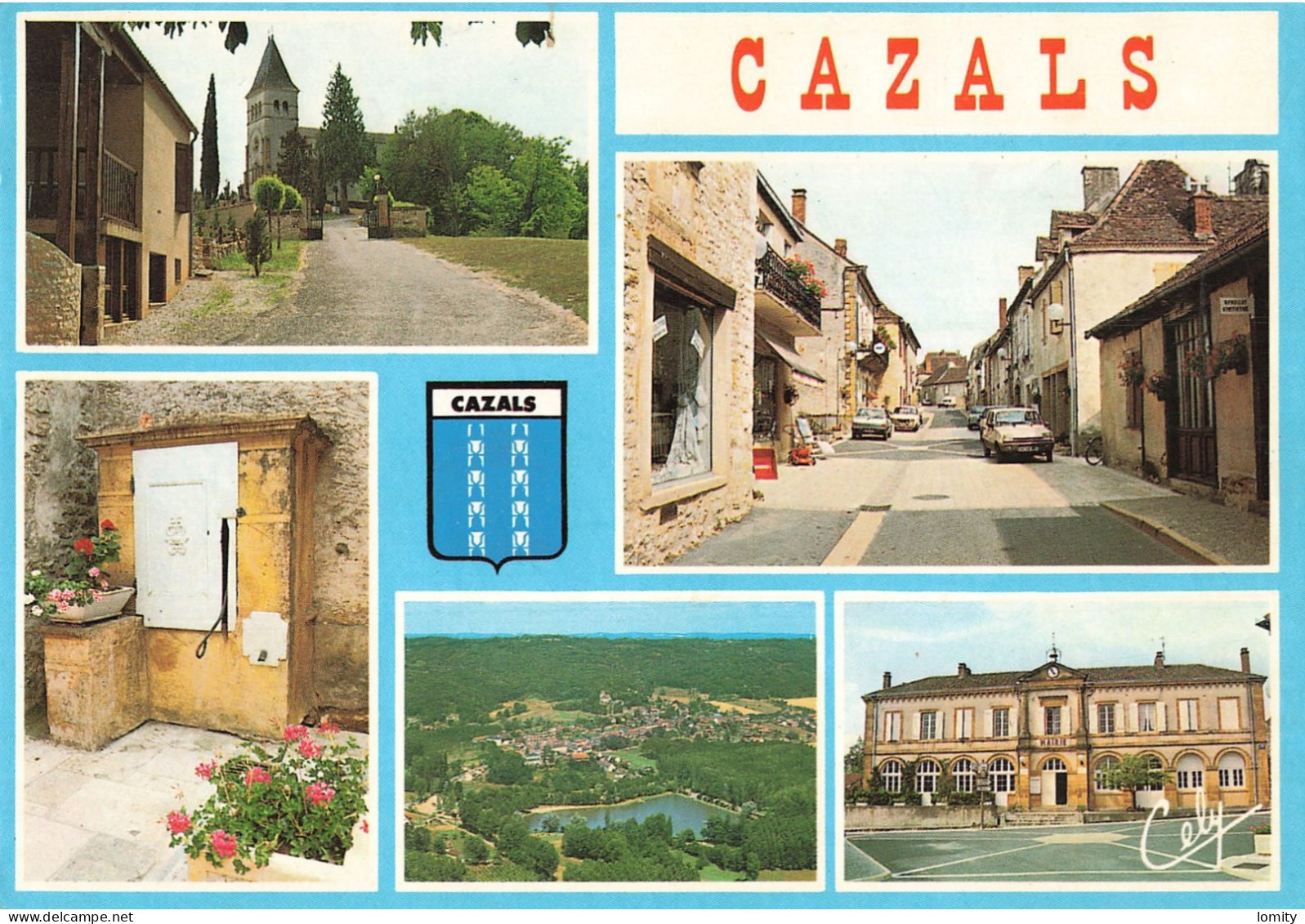 46 Cazals Vues église Rue Principale Fontaine Vue Générale Hotel De Ville Blason CPM Voiture Auto Renault 5 Peugeot 205 - Cazals