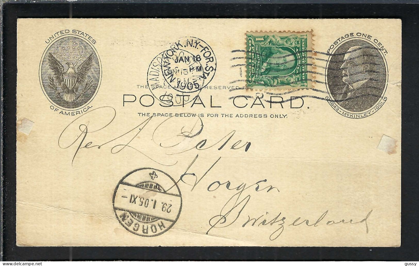 ETATS-UNIS 1905: CP Ill. Entier De 1c De New-York Pour Horgen (Suisse), Plis - 1901-20