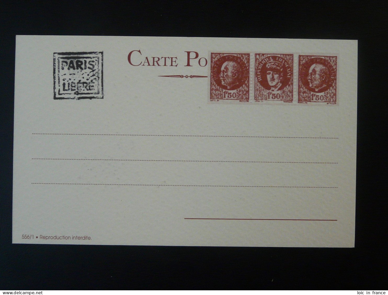 Pseudo Entier Postal Timbres De La Libération Triptyque Pétain De Gaulle (repro) FFI Verso Secours National - Private Stationery