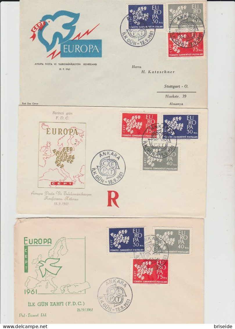 1961 N.3 BUSTE EUROPA CEPT PREMIER JOUR D'EMISSION FIRST DAY COVER ERSTTAGSBRIEF 1°GIORNO EMISSIONE TURKIYE CUMHURIYETI - 1961