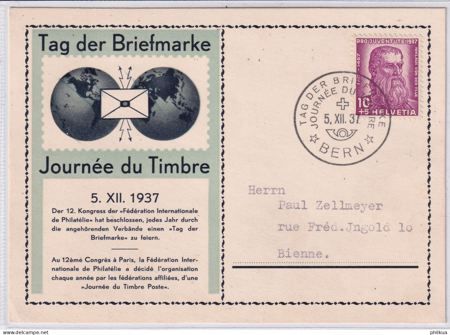 1937 - Suisse - Tag Der Briefmarke - Journeé Du Timbre - Michel 315 Mit Sonderstempel BERN - Journée Du Timbre