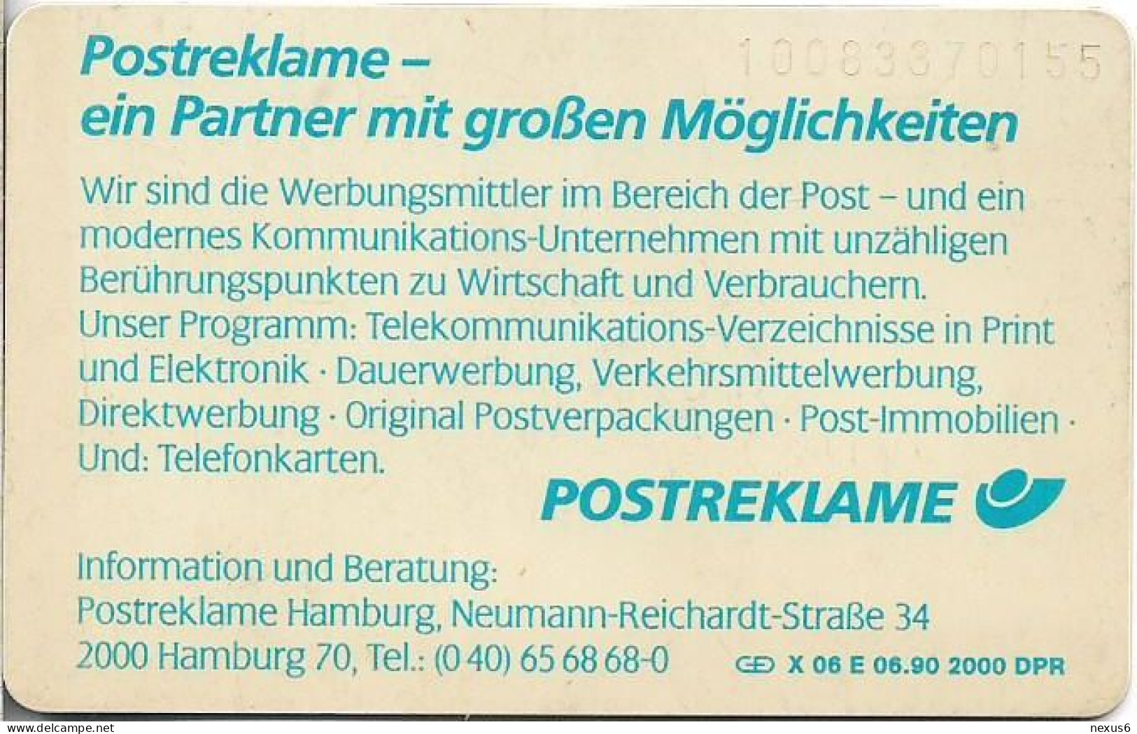 Germany - X 06E - Zeitalter 5 - Postreklame Hamburg - 06.1990, 2.000ex, 20U, Used - X-Series : Publicitaires - D. Postreklame