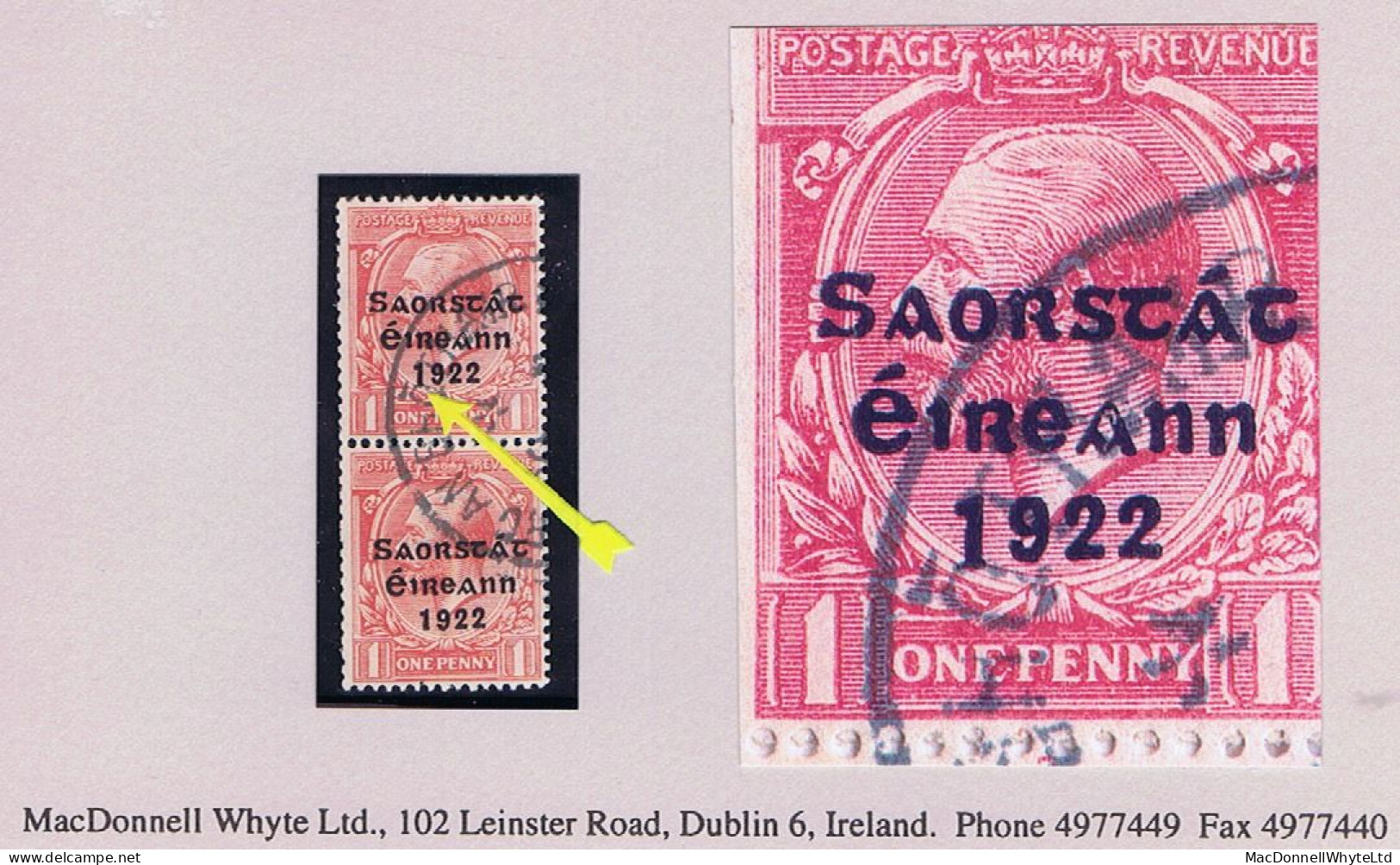 Ireland 1923 Harrison Saorstat 3-line Coils, 1d Var. "Long 1" In A Vertical Pair Used Cds - Oblitérés