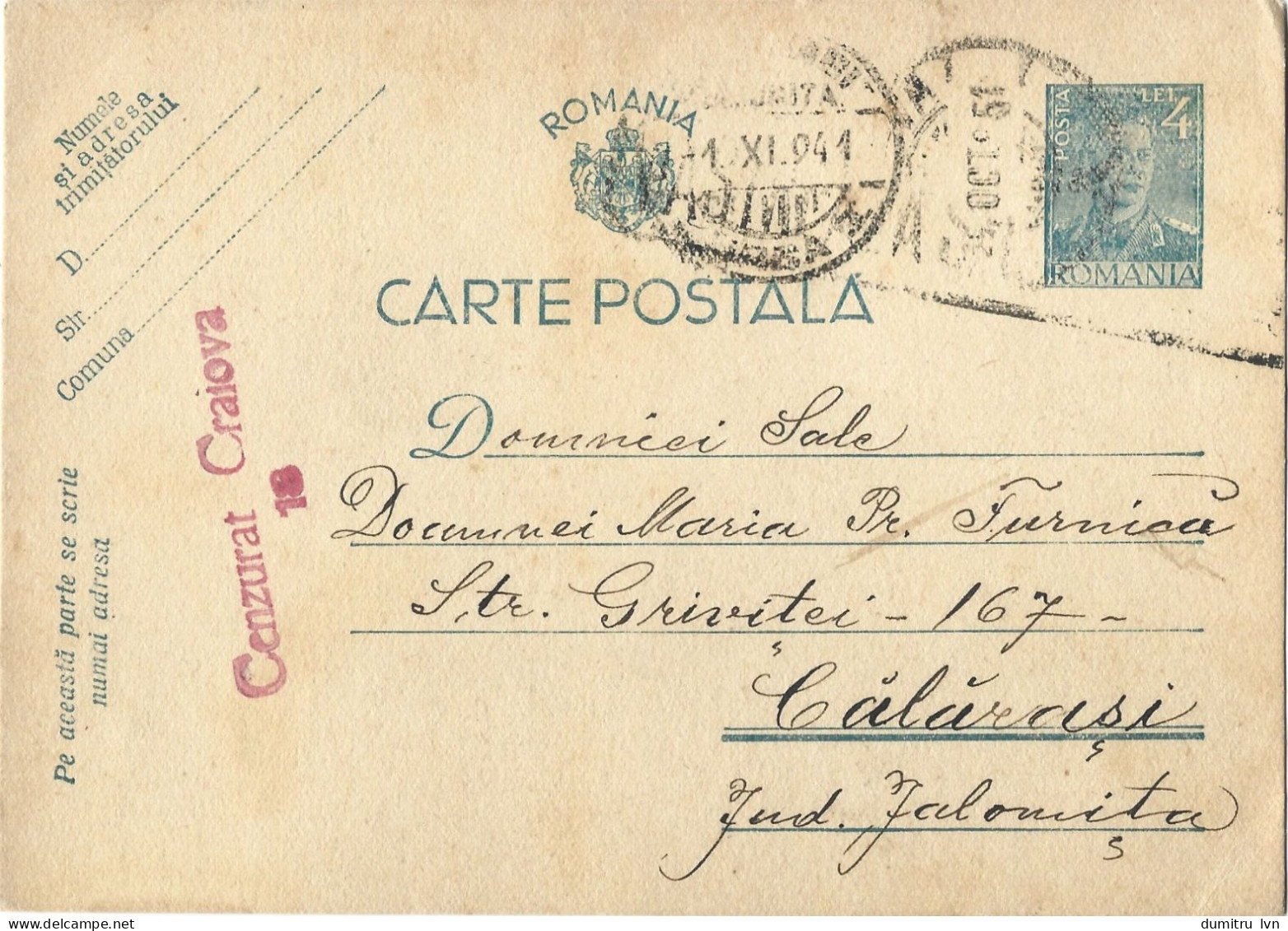 ROMANIA 1941 POSTCARD, CENSORED CRAIOVA NO.18 POSTCARD STATIONERY - World War 2 Letters