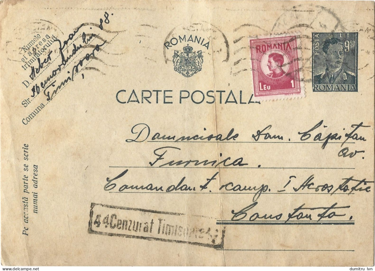 ROMANIA 1945 POSTCARD, CENSORED TIMISOARA 44 POSTCARD STATIONERY - Lettres 2ème Guerre Mondiale