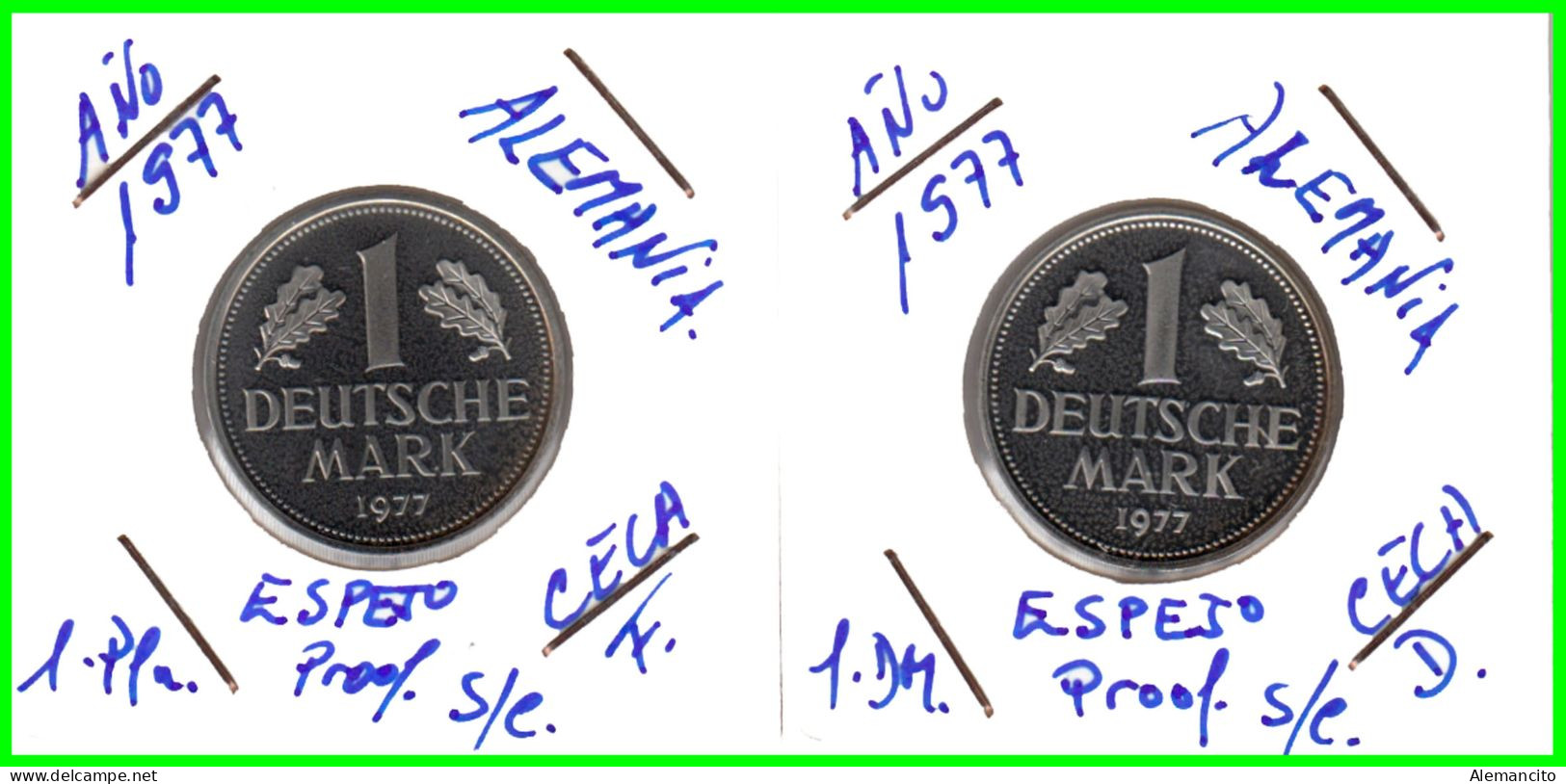 ALEMANIA - DEUTSCHLAND - GERMANY - 2 -MONEDAS DE 1.00 DM ESPIGAS Y AGUILA DEL AÑO 1977 CON LAS CECAS F.- D.- - 1 Marco