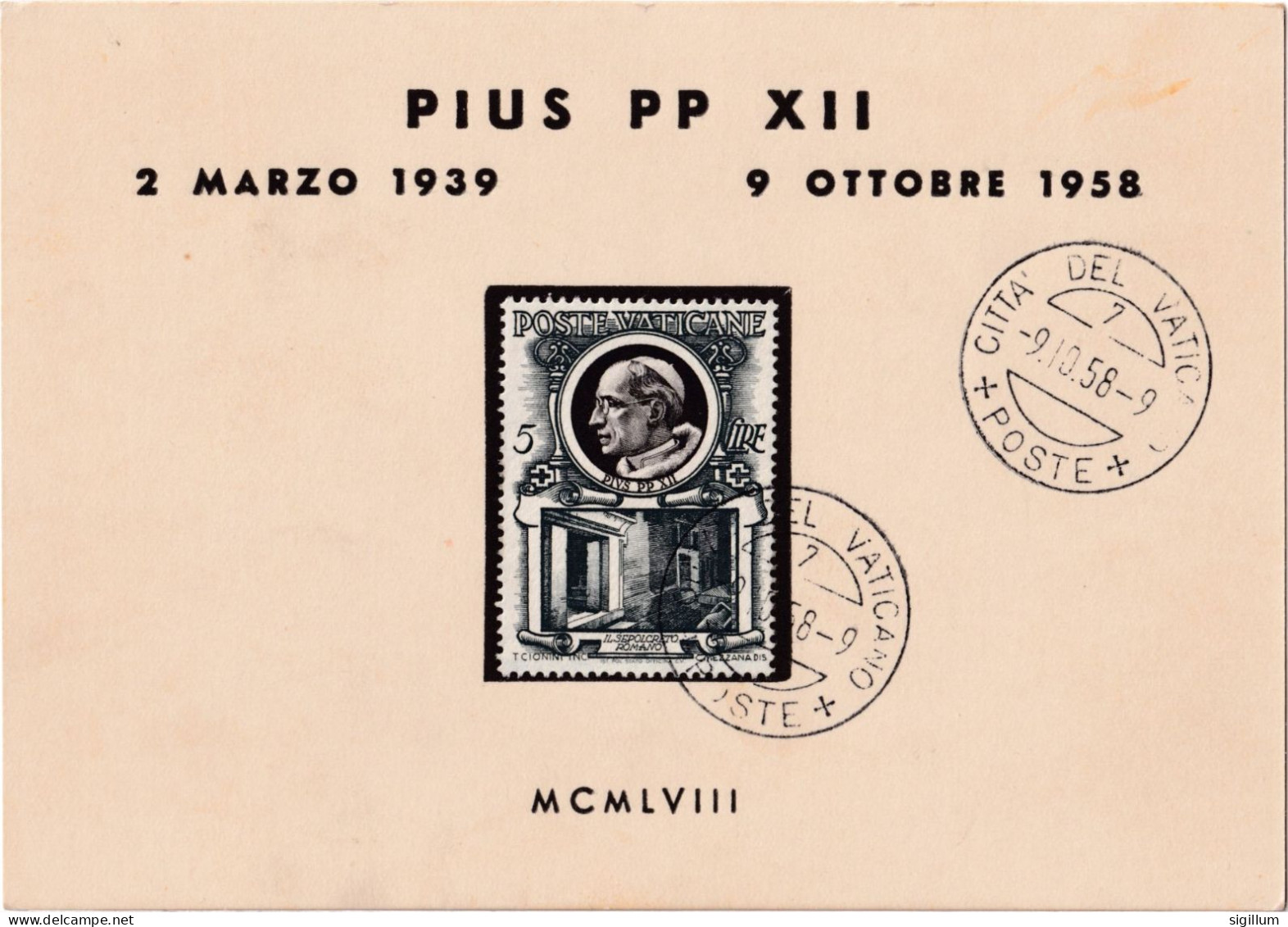 VATICANO 1958 - PONTIFICATO DI PIO XII - CARTONCINO TIMBRO 1° GIORNO - Other & Unclassified