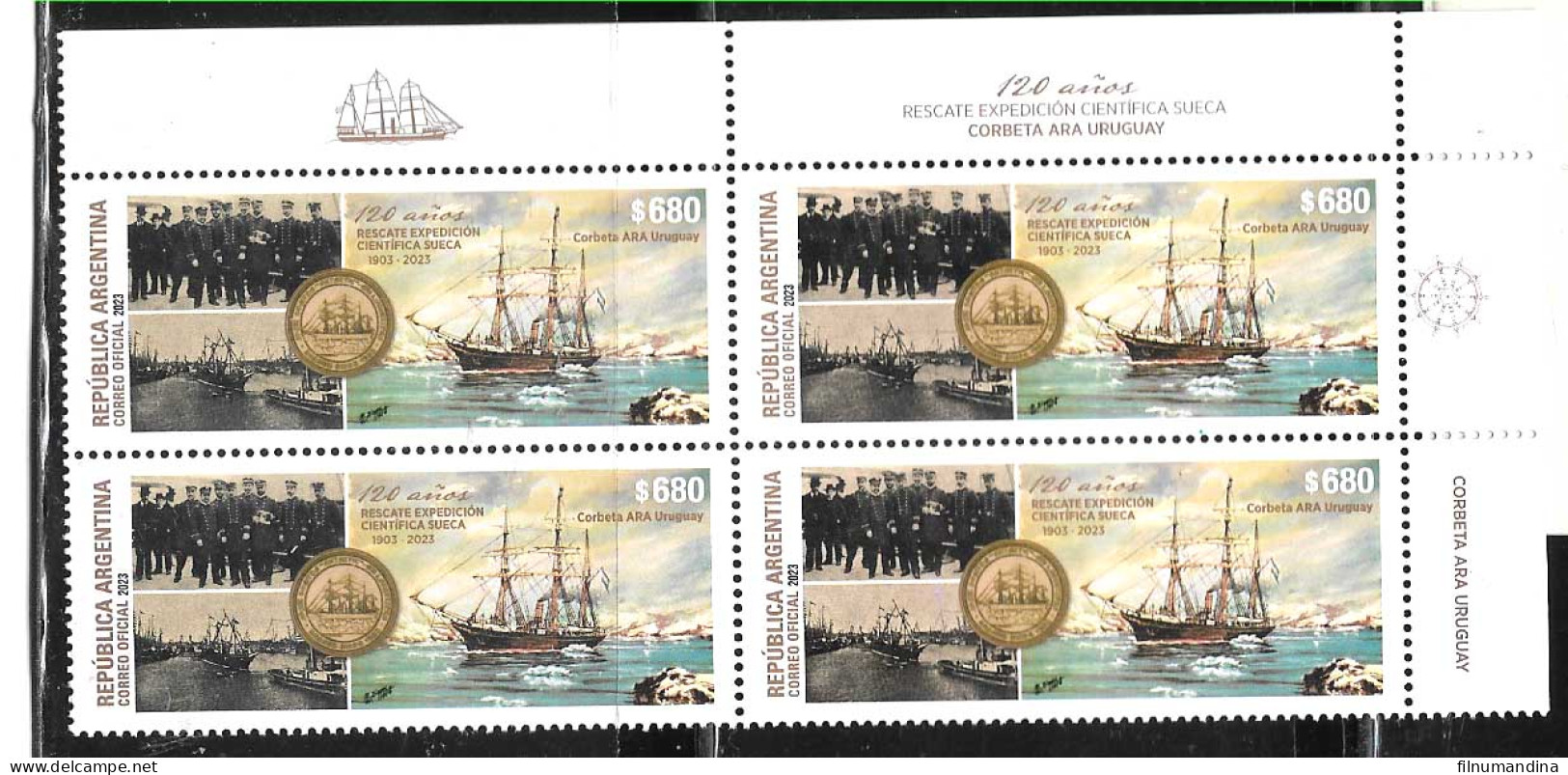 #75295 ARGENTINA 2023 SHIP ANTARCTIC RESCUE CORBETA URUGUAY PAINTING BLOC X4 MNH - Unused Stamps